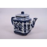 A Chinese blue and white porcelain teapot of square form decorated with fruiting branches, 4