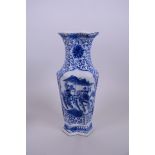 A Chinese blue and white vase of unusual form decorated with warriors on horseback, 9½" high