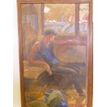 An impressionist oil on canvas of a gentleman slumped in a chair, 30" x 45"