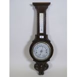 An early C20th stained wood banjo barometer, 28" long, A/F glass cracked