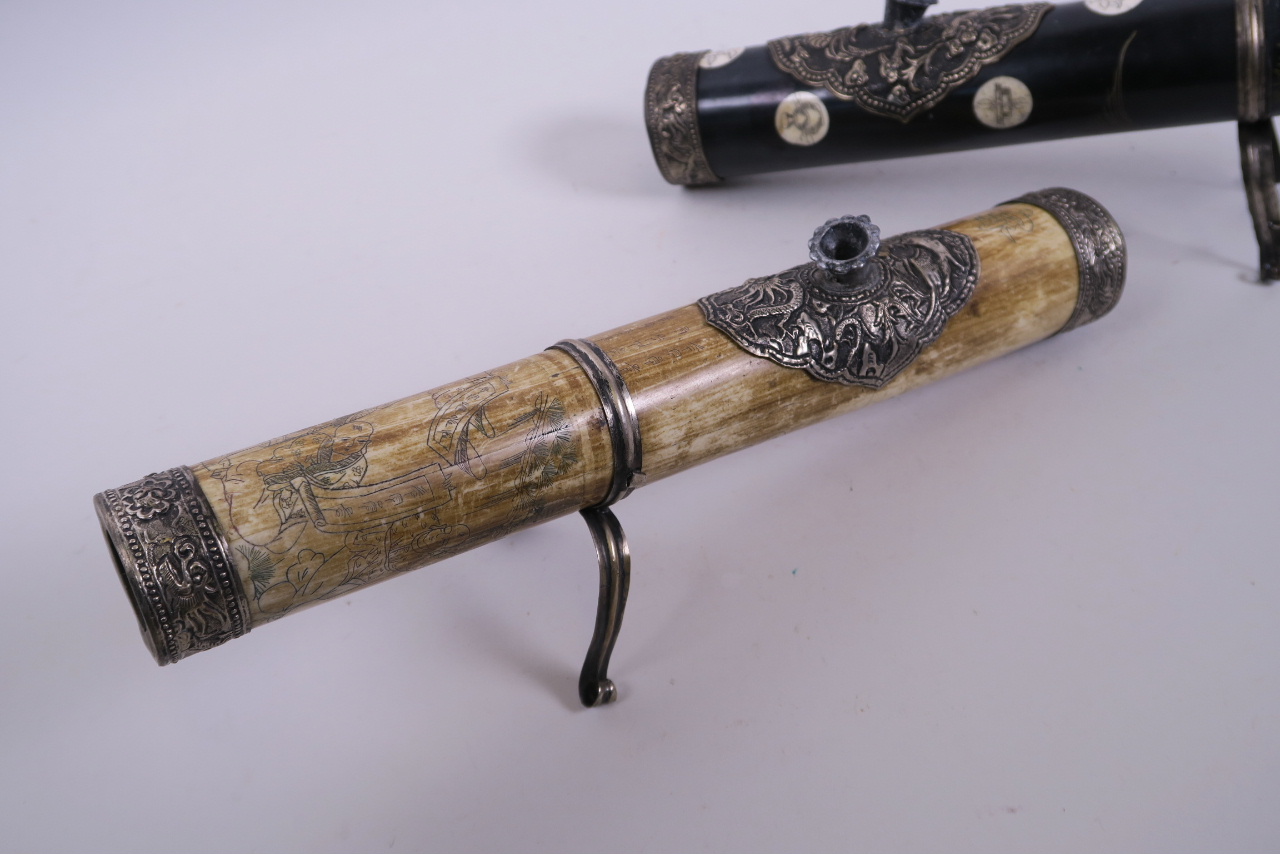 A Chinese sectional bone and composition opium pipe with white metal mounts and engraved - Image 2 of 3