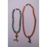 A string of coral style beads with gilt feature beads, together with a similar string of coral