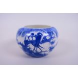 A Chinese blue and white porcelain pot decorated with birds perched on a branch 5" diameter