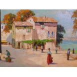 After D'Oyly John, oil on canvas, Mediterranean town scene, 30" x 22"