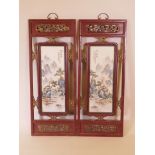 A pair of Chinese famille verte porcelain panels depicting riverside landscape scenes, mounted in