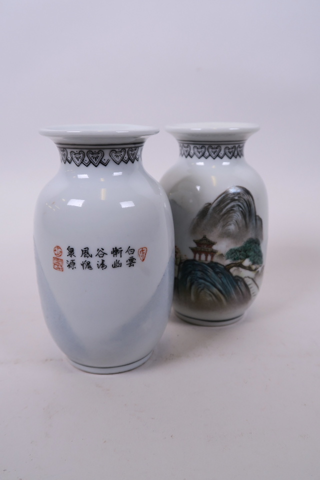 A pair of Chinese Republic porcelain vases with enamelled mountain landscape decoration, seal mark - Image 2 of 3