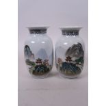 A pair of Chinese Republic porcelain vases with enamelled mountain landscape decoration, seal mark