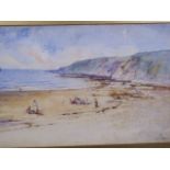 J.M. Ness, watercolour, Scottish shoreline with figures on a beach, 10" x 6½"