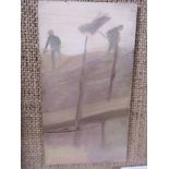 An oil on board, figures working in a landscape, inscribed on label verso H. Riley, 'Toil', 3½" x 6"