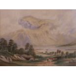 A C19th watercolour mountain lake landscape with drover and cattle on a road, 13" x 9½"