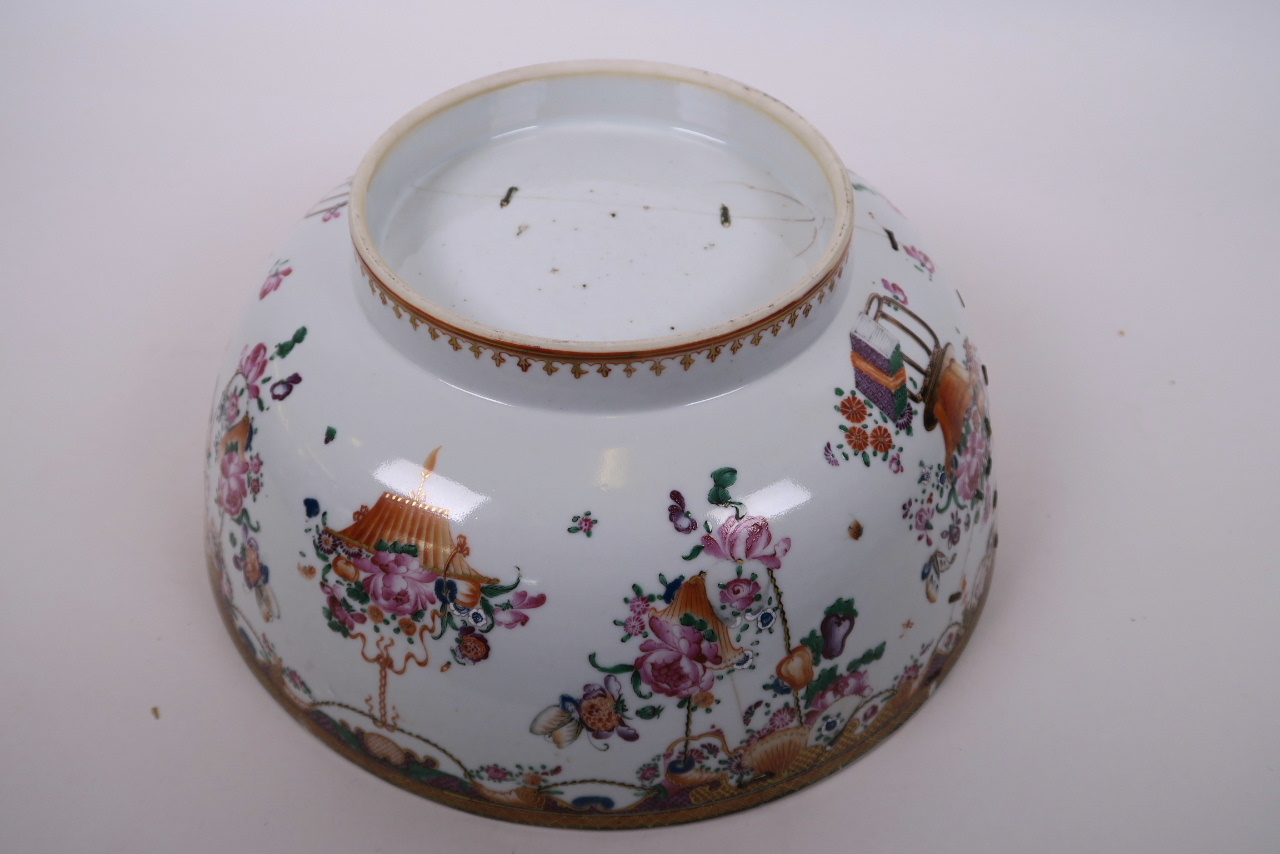 A Mandarin porcelain punch bowl, with enamelled floral decoration, A/F repaired, 11½" - Image 4 of 4