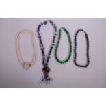 A collection of four beaded necklaces to include pearls, jade, hardstone, agate etc., longest 21½"