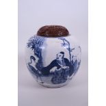 A Chinese blue and white ginger jar with a cinnabar lacquer lid, decorated with figures and a crane,