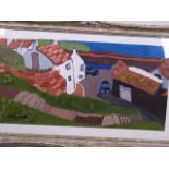 A naive style gouache painting, coastal dwellings, signed 'Motherwell', 16" x 8"