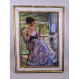 An oil on canvas mounted on board, portrait of a lady relaxing indoors, in the impressionist