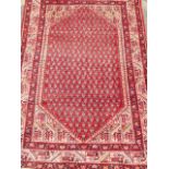 A Persian Sarouk rug with geometric designs on a red field, 77" x 49"