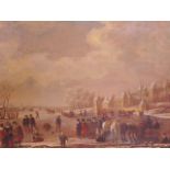 A Dutch oil on canvas, landscape with skaters on a frozen river, signed indistinctly, 24" x 16½"