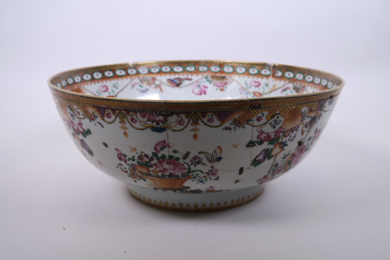 A Mandarin porcelain punch bowl, with enamelled floral decoration, A/F repaired, 11½"