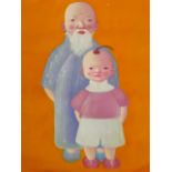 A Chinese contemporary oil on canvas depicting an elder and child, 21½" x 25½"