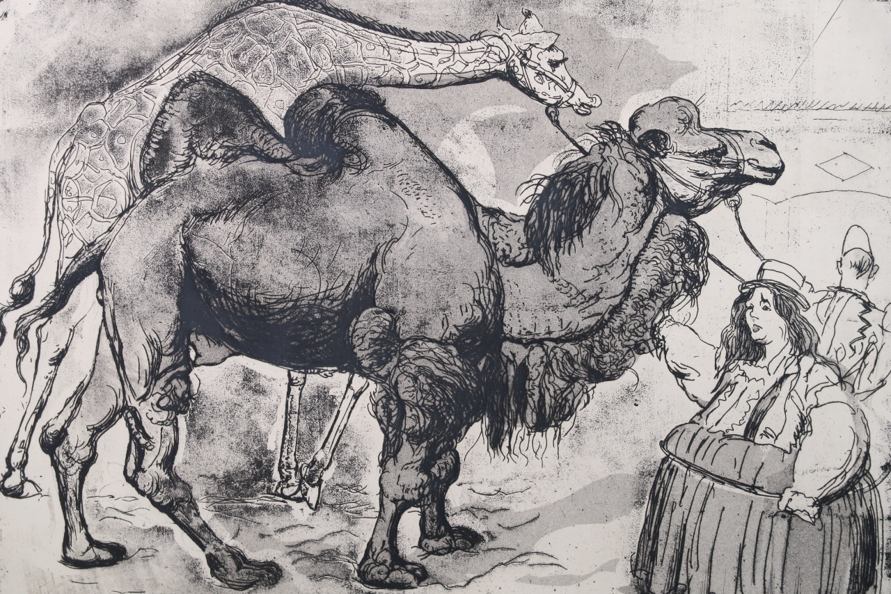 Russell Sidney Reeve, engraving of a camel and giraffe at a circus, 14½" x 11"