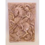 A marble plaque with carved decoration of St. George and the Dragon, 32" x 21"