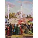 An oil on canvas busy market scene before a mosque (Istanbul), inscribed verso 'Fowler', 16" x 20"