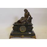 A C19th slate and brass mounted mantel clock, the top with bronze figure after the antique, clock