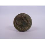 A Chinese mottled hardstone cylinder seal with carved decoration to the top of Chan Chu, 2" diameter