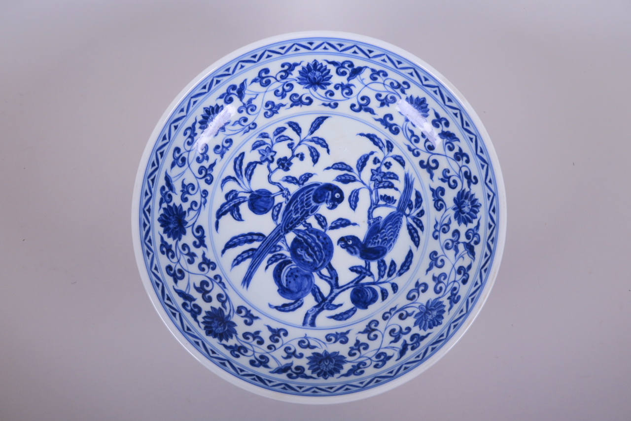 A Chinese blue and white porcelain stem bowl decorated with birds, fruit and flowers, 10" - Image 2 of 4