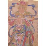 A Chinese painting on silk depicting one of the four heavenly warrior gods, 27" x 51"