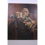 An unframed oil on canvas, portrait of a lady and gentleman by a desk, indistinctly signed, 19½" x