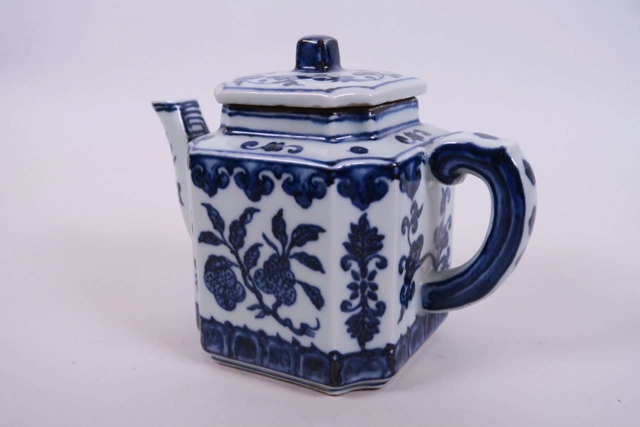 A Chinese blue and white porcelain teapot of square form decorated with fruiting branches, 4 - Image 2 of 3