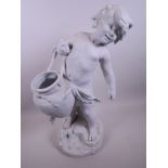 A French Parian porcelain figure of a cherub with a large amphora, Auguste Moreau, 19" high