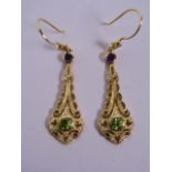 A pair of silver gilt Art Deco style drop earrings set with a peridot and amethyst, 1½" drop