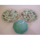 A pair of Chinese celadon ground plates with enamel decoration of Asiatic pheasants, 10" diameter,
