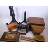 A box of wooden items including writing box, A/F, inlaid tray and trinket boxes, Oriental carved