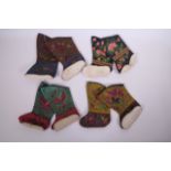 Four pairs of small Chinese silk embroidered boots, 6½" long