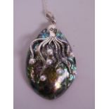 A large silver mounted abalone and pearl pendant necklace with octopus decoration, 3" long