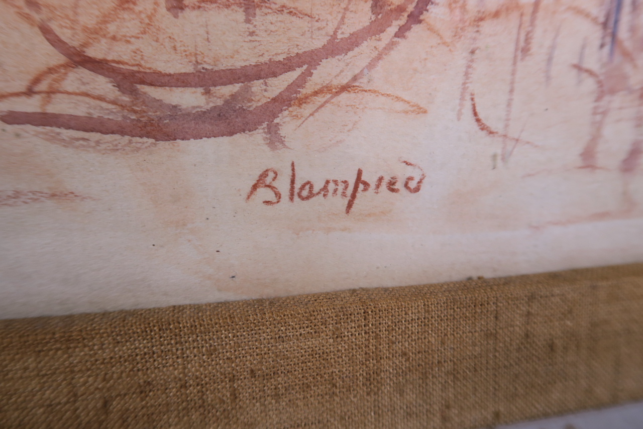 A sepia watercolour and pastel figure on a horse drawn cart, signed 'Blampied', 12½" x 9" - Image 3 of 3