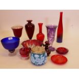 A quantity of coloured glass vases etc, including a good cut glass and amethyst overlaid vase, 10"