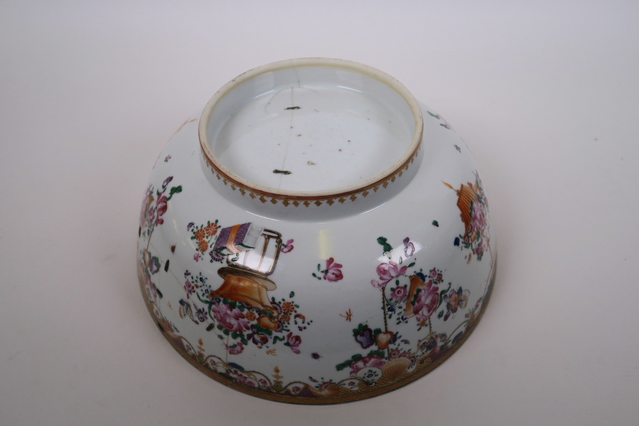 A Mandarin porcelain punch bowl, with enamelled floral decoration, A/F repaired, 11½" - Image 3 of 4