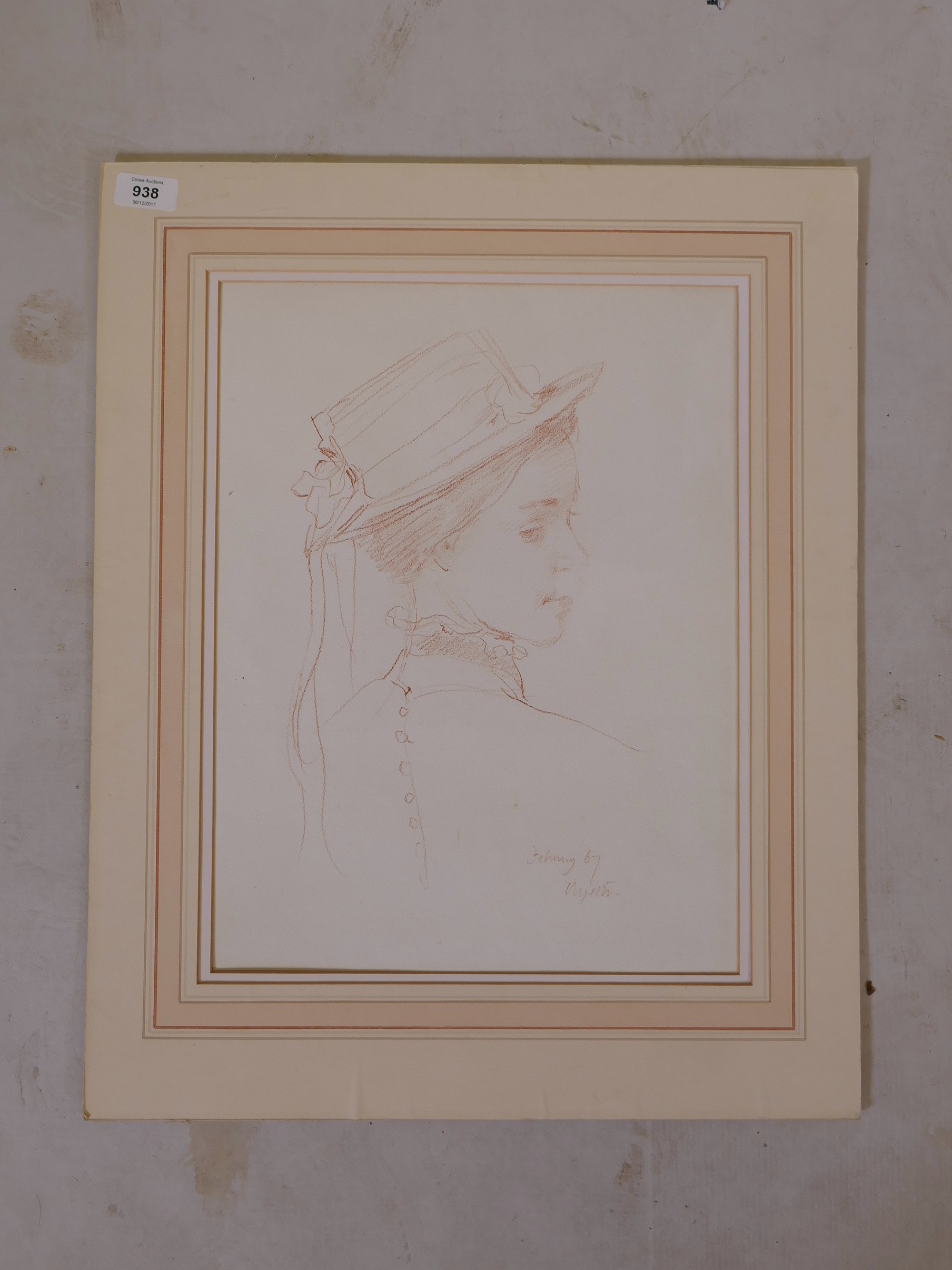 A red crayon sketch of a lady in Edwardian clothing, signed and dated indistinctly, 15" x 20" - Image 3 of 3