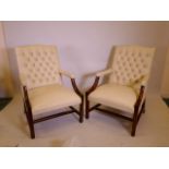 A pair of Gainsborough style leather open armchairs with button backs, 39" high