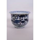 A Chinese blue and white porcelain steep sided ribbed bowl with lobed rim and painted decoration
