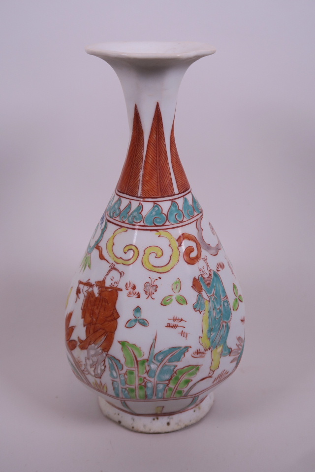 A Chinese octagonal pear shaped vase decorated with four immortals in a landscape, 10" high