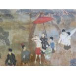A Meiji period stumpwork silk depicting a procession in a landscape, 25" x 23"