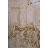 A framed Victorian relief plaster panel depicting an Elizabethan court scene, 7½" x 11½"