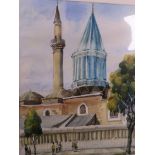 William Dreghorn, watercolour of a mosque in Konya, Turkey, with figures on a path, signed, 11" x