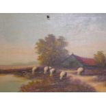 An oil on canvas, landscape with sheep next to a stream, signed indistinctly, unframed, 31½" x 15½",