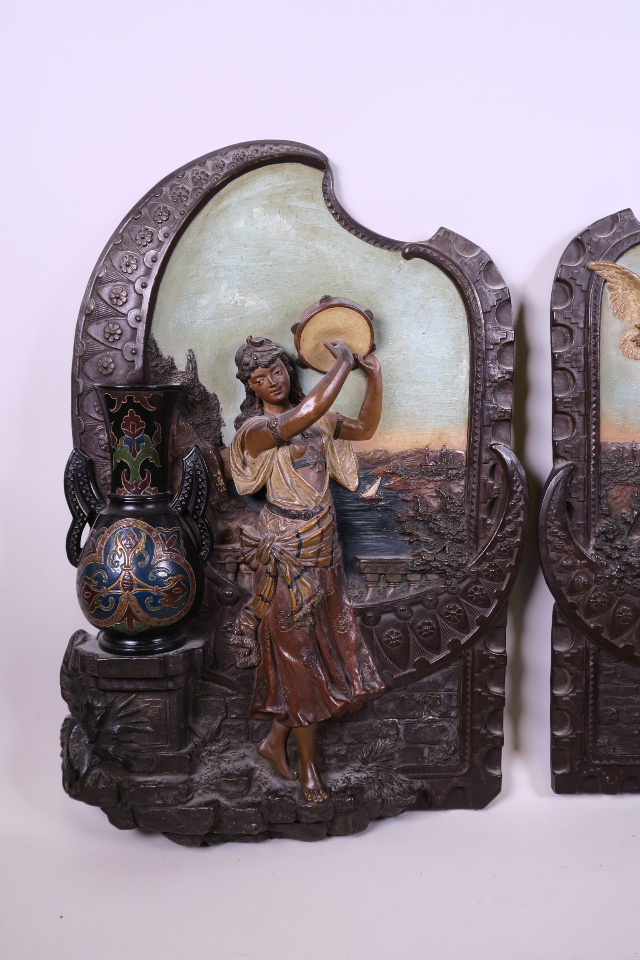 A pair of Johann Maresch terracotta wall plaques with raised decoration of Ottoman beauties, bears - Image 3 of 5